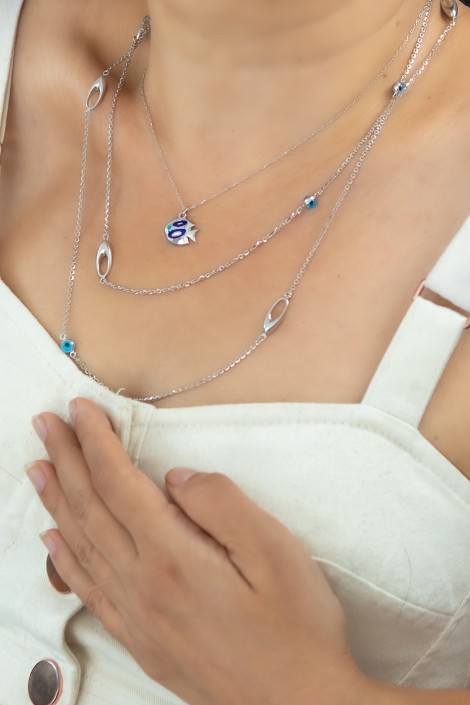 NAZAR BONCUKLU UZUN BEYAZ ZİNCİR KOLYE